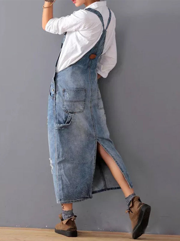 Elise - Jean Slit Back Dungarees Dress