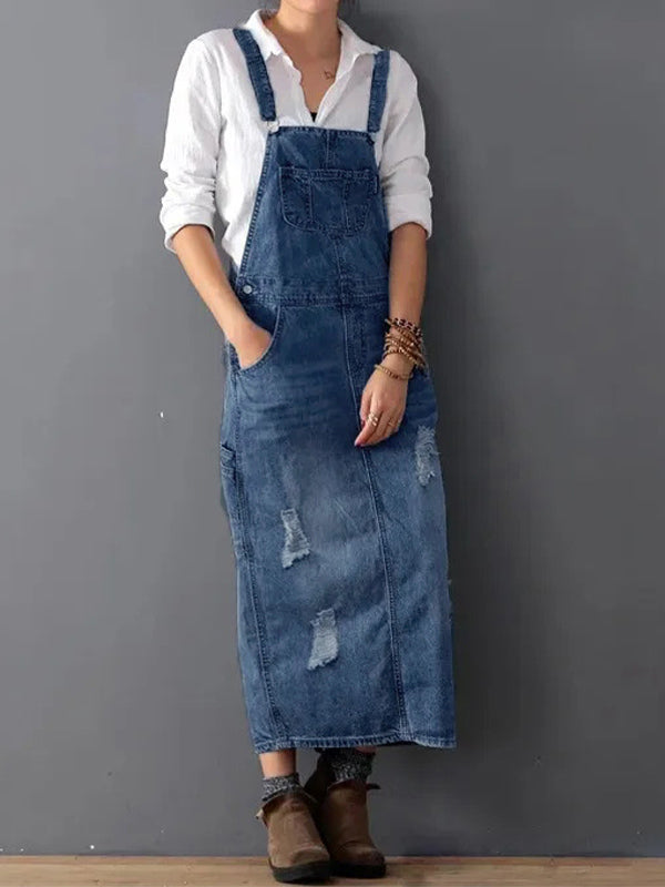 Elise - Jean Slit Back Dungarees Dress